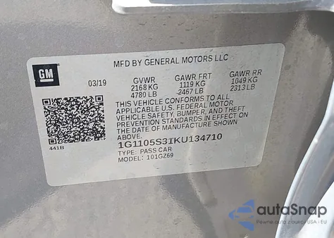 2019 Chevrolet Impala Premier from USA, damaged, VIN 1G1105S31KU134710